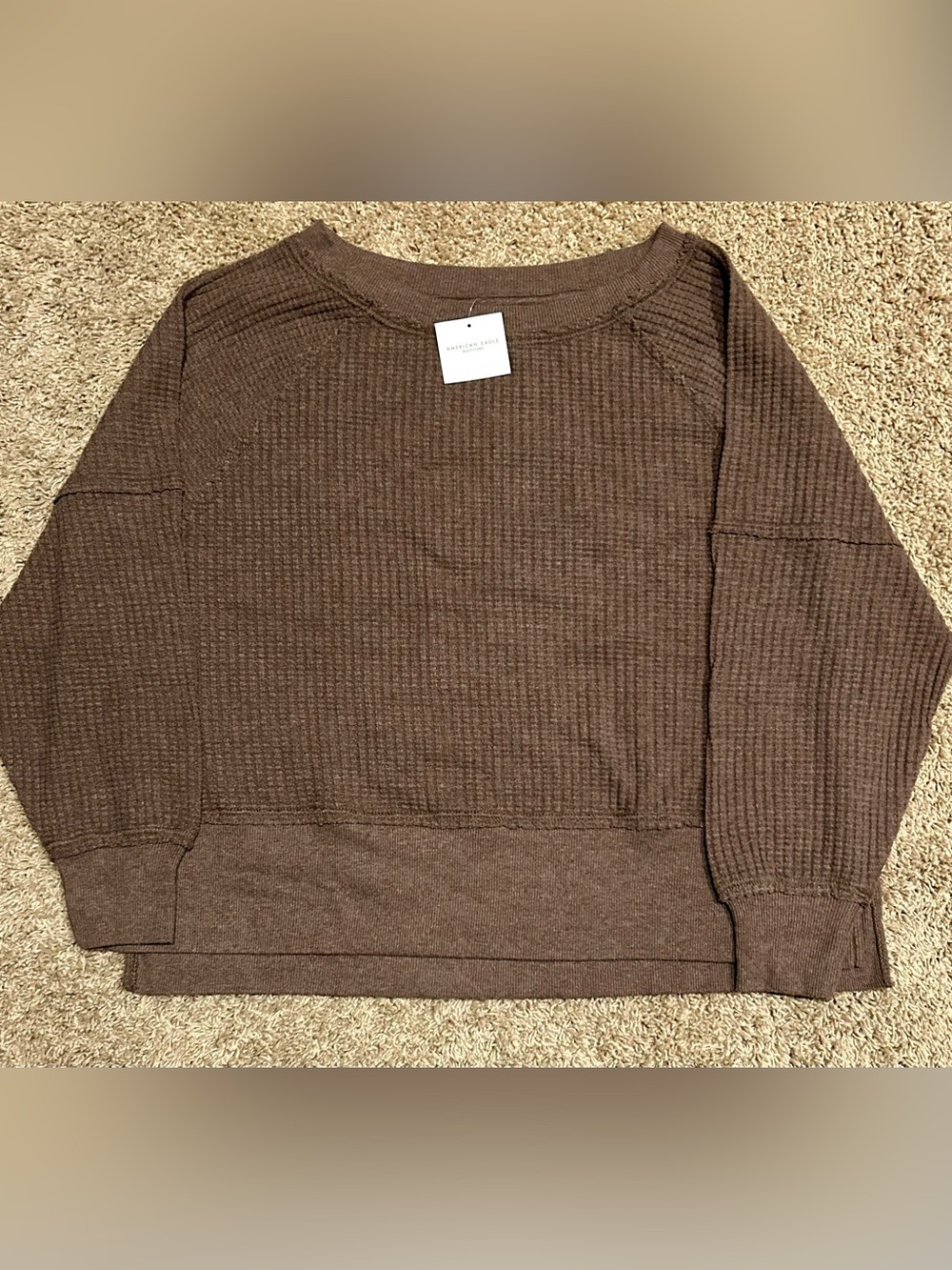 NEW American Eagle BIG HUG Off-the-Shoulder Waffle Sweatshirt Brown Size Small